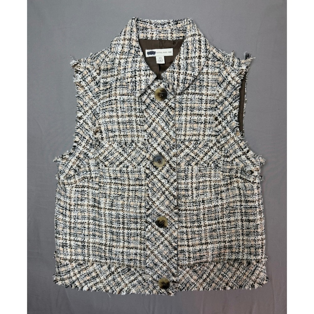 Women's Tweed Plaid Sleeveless Vest Jacket Fringe Trim Button Up Brown XS Fall